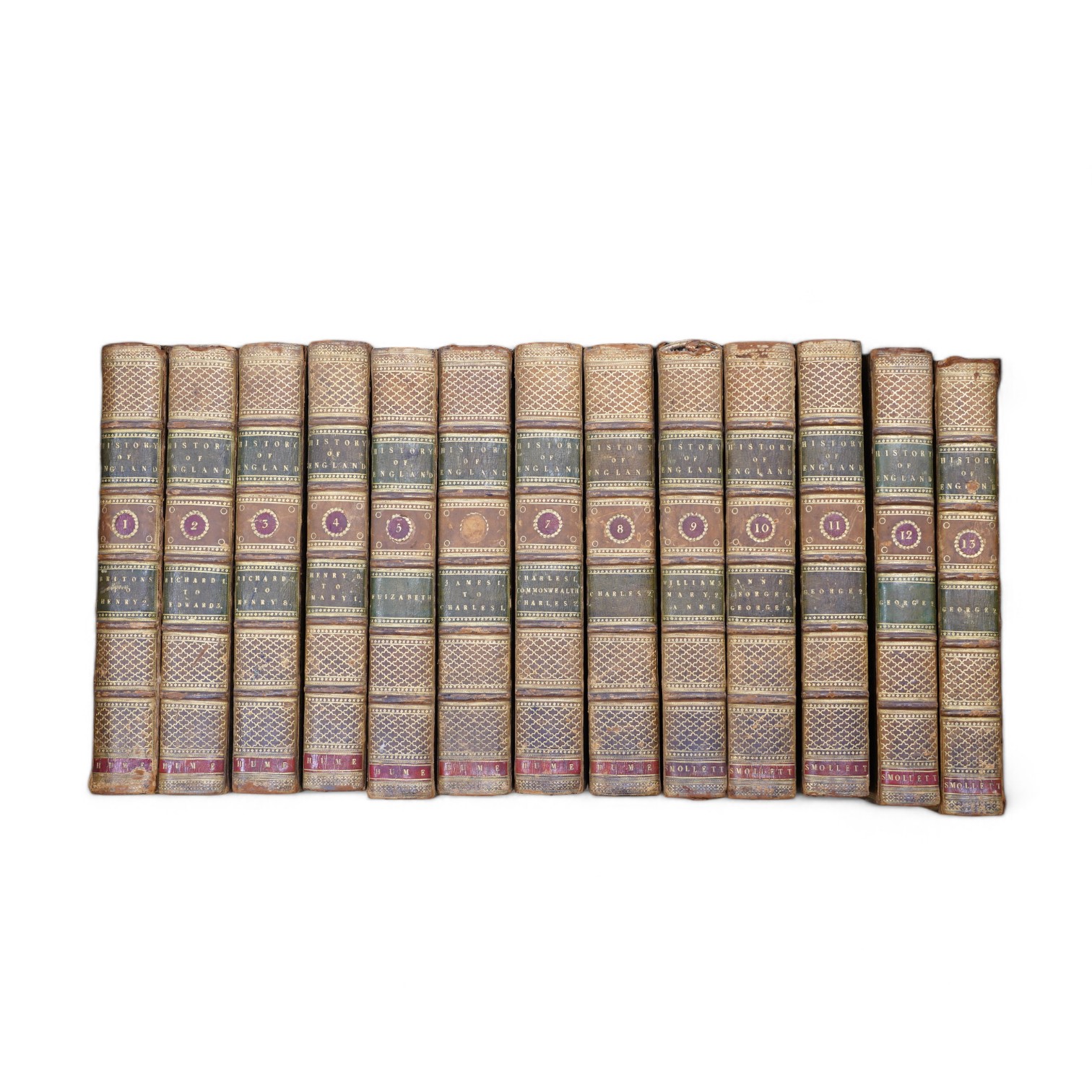 Hume, David - The History of England ...(mixed editions), 13 vols. engraved portrait frontis. and other plates; contemp. gilt bordered tree calf, gilt decorated panelled spines with green and maroon labels, marbled edges